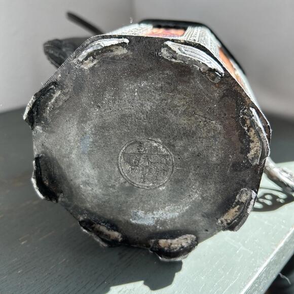 Antique Chinese 1910 Swatow Pewter 8 Panel Reverse Painted Glass Teapot, NO LID - Picture 9 of 13